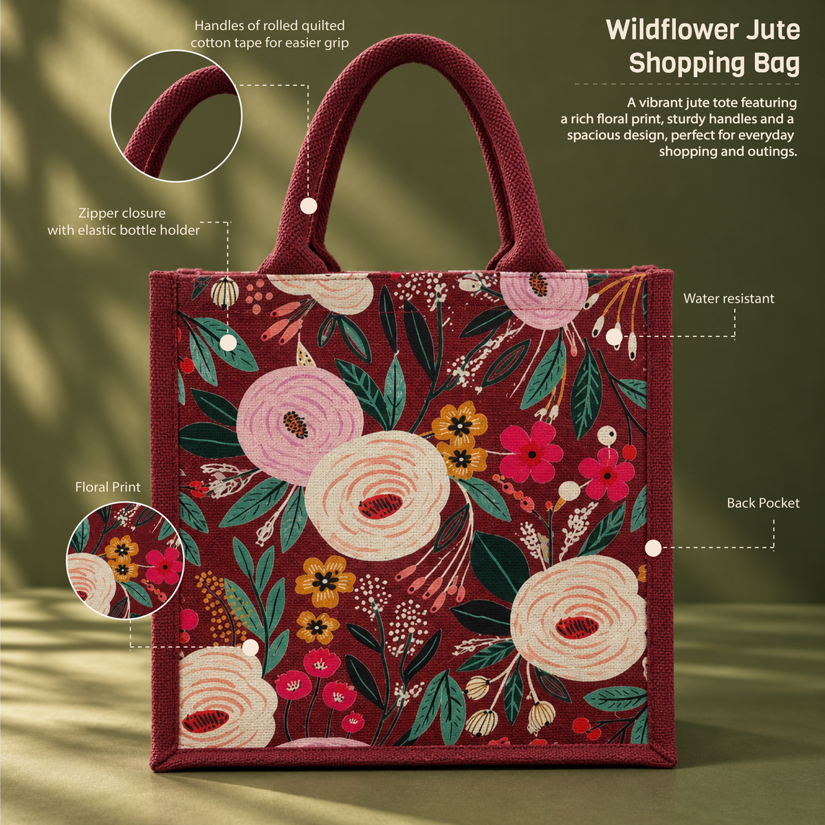 Wildflower Jute Shopping Bag