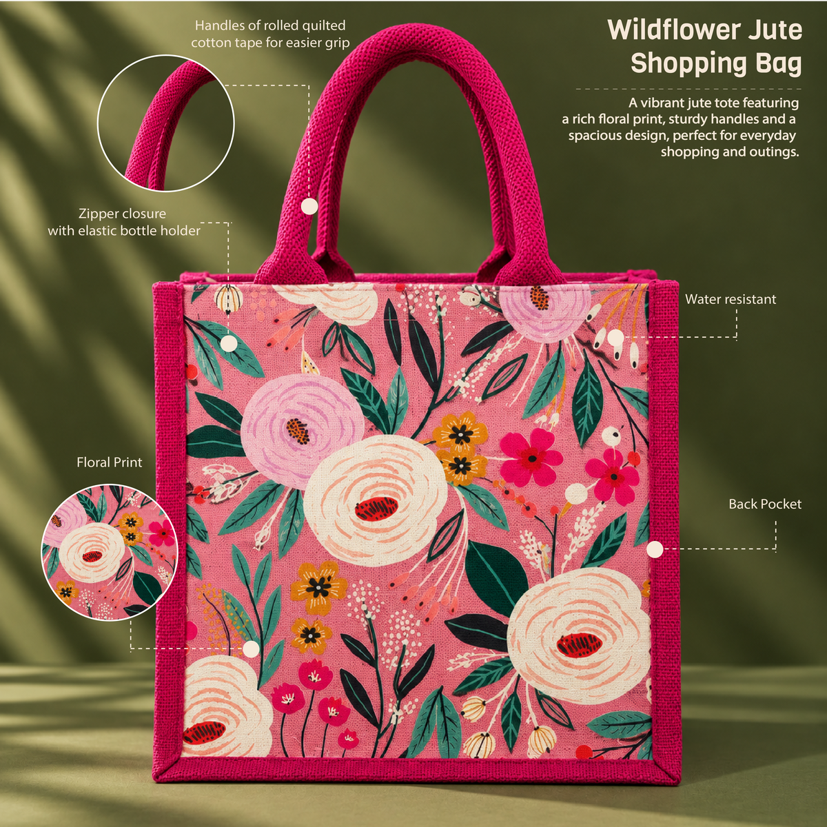 Wildflower Jute Shopping Bag
