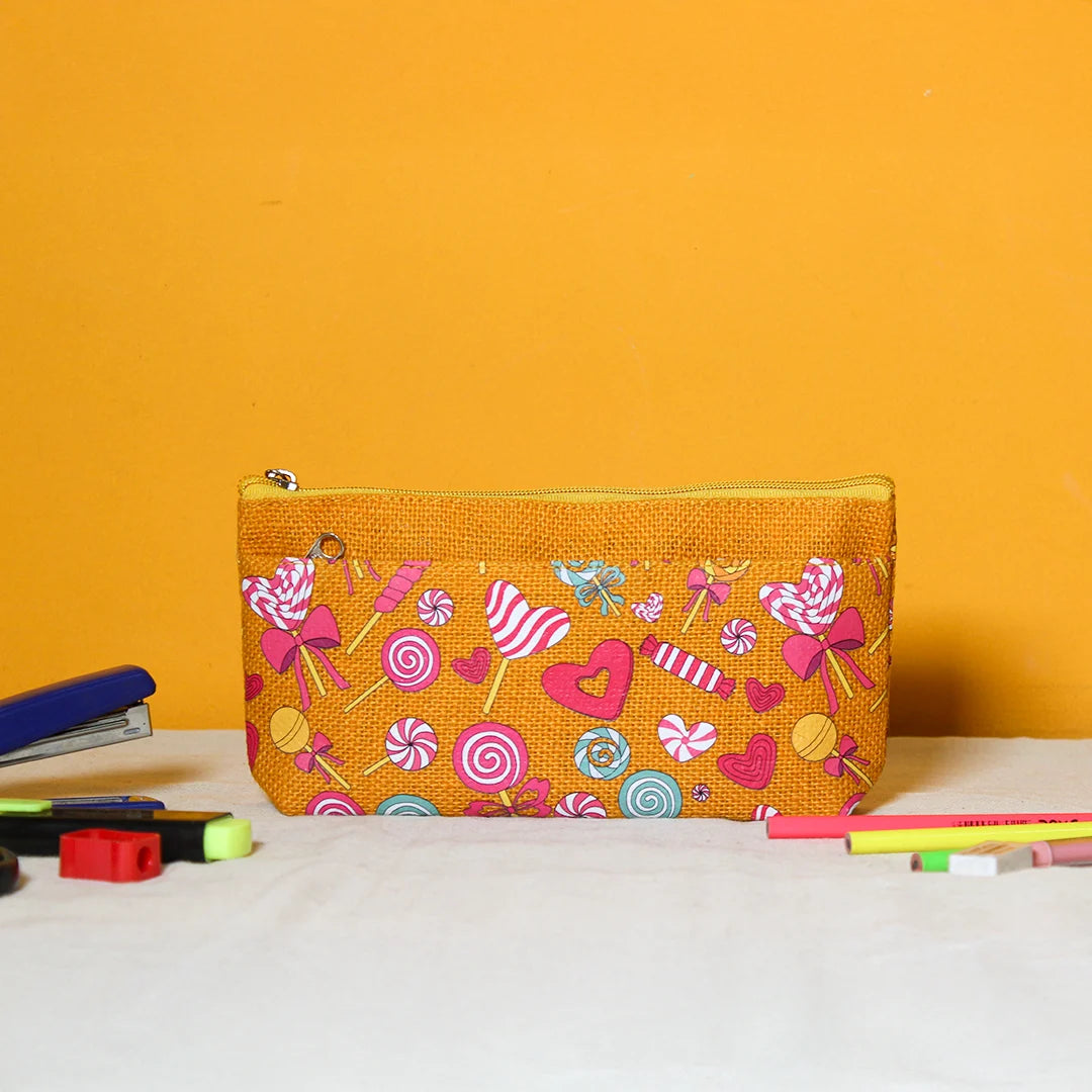 Lollipop print Double zip jute pouch
