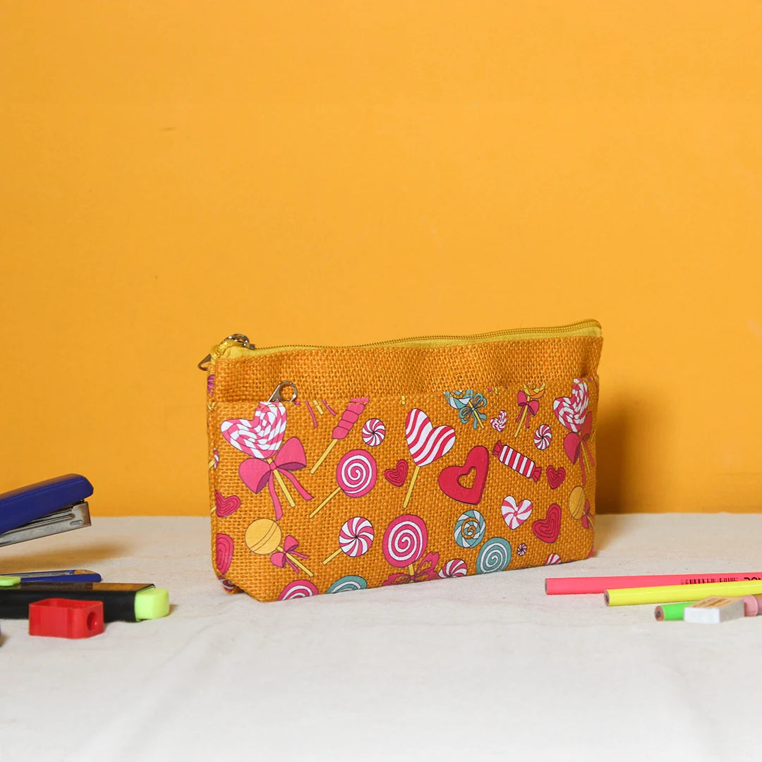 Lollipop print Double zip jute pouch