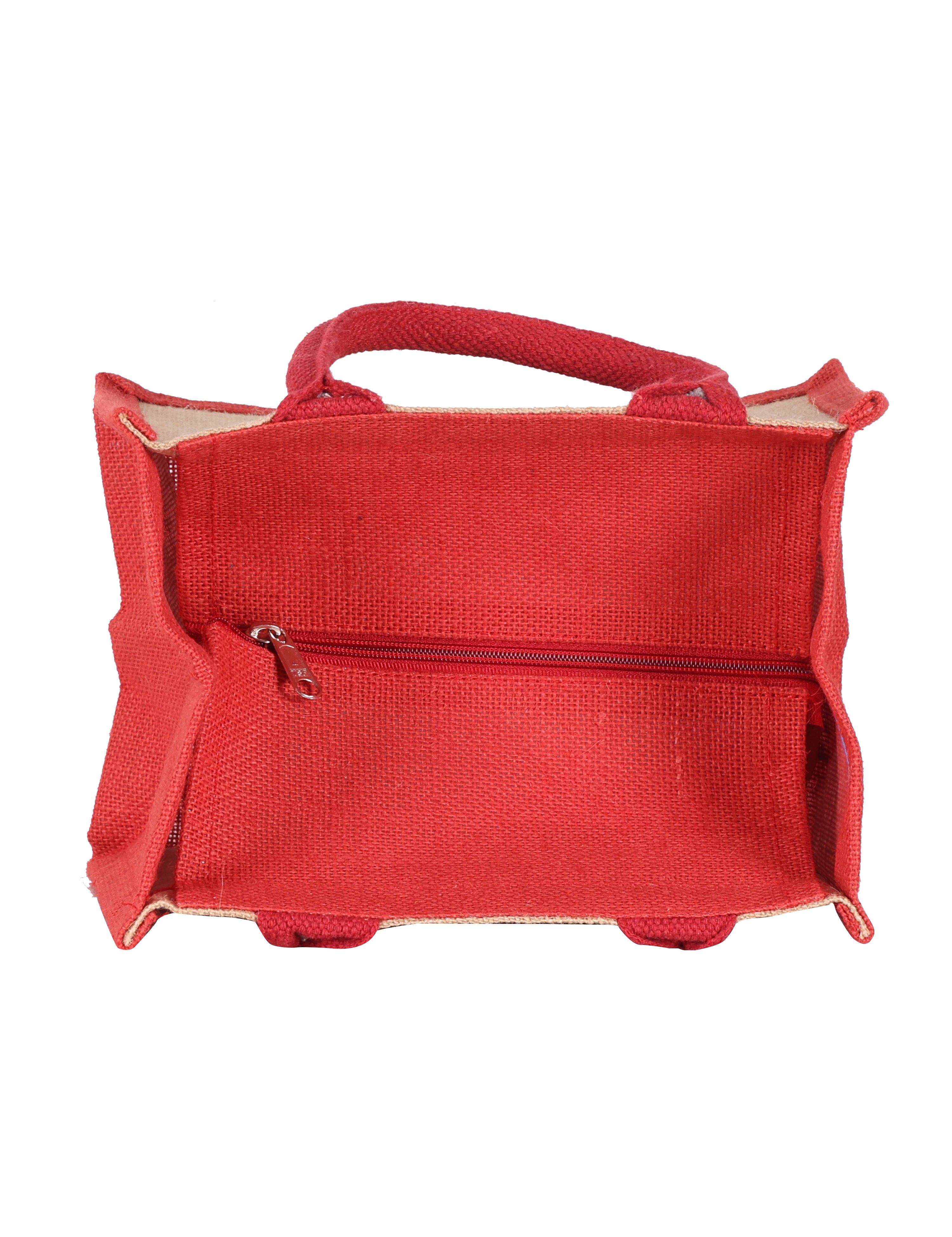 JUTE COTTAGE PUPPET PRINT ZIPPER LUNCH BAG, SUSTAINABLE, ECO-FRIENDLY, 100% GENUINE, STYLISH (RED/NATURAL 11X10X7)
