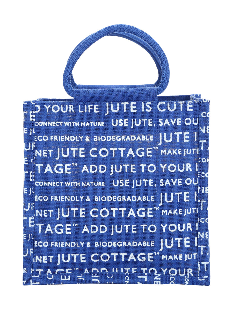 10 X 10 X 7 - JUTE COTTAGE PRINT LUNCH BAG (B-053-BRIGHT BLUE)