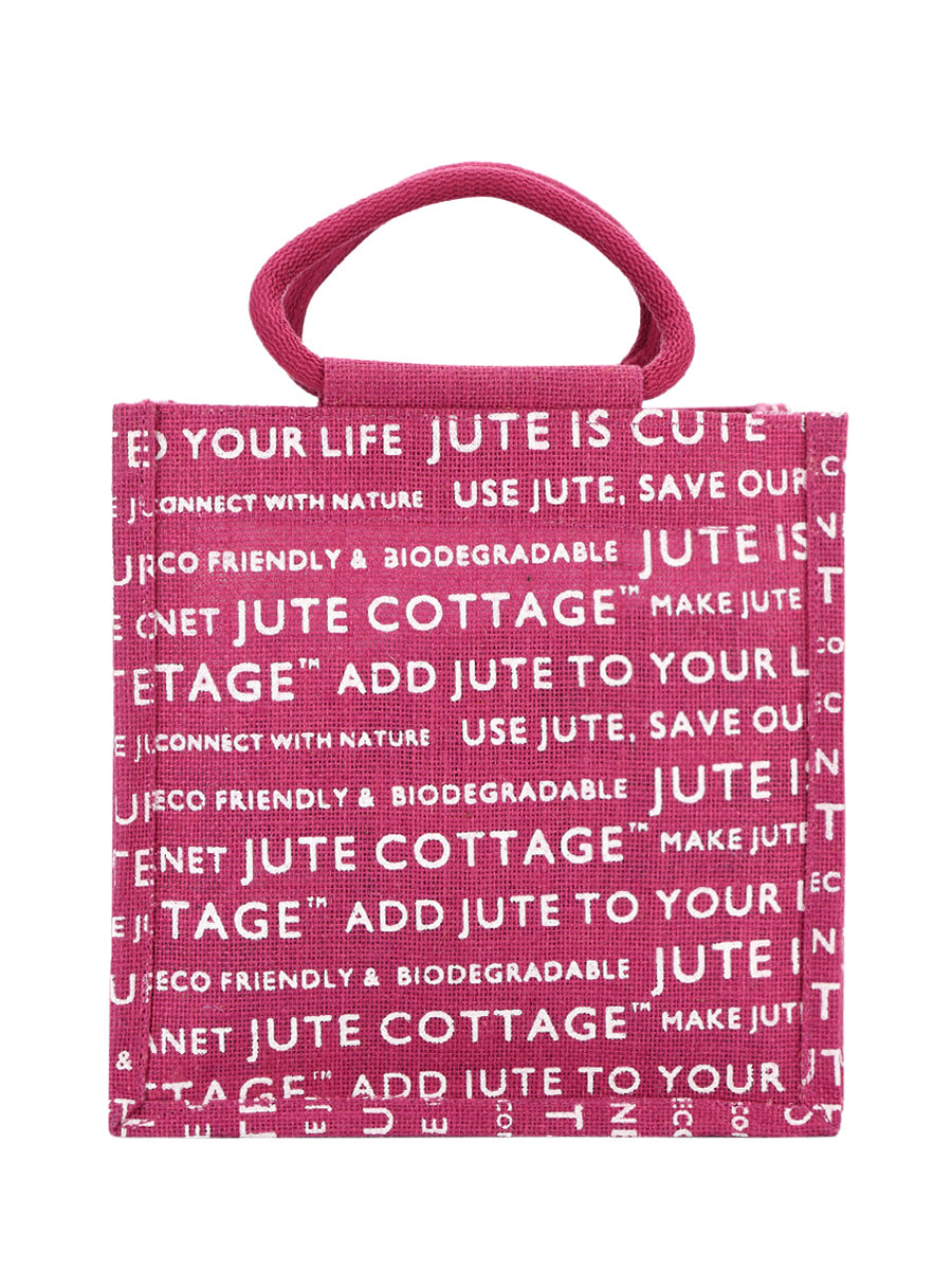 10 X 10 X 7 - JUTE COTTAGE PRINT LUNCH BAG (B-053-MAGENTA)