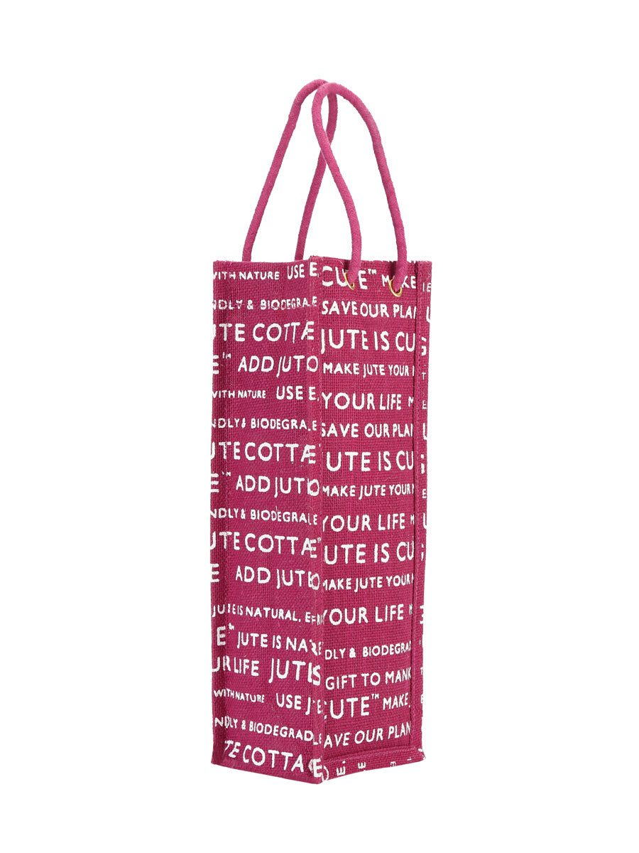 BOTTLE BAG JUTE COTTAGE PRINTED (B-062-MAGENTA)