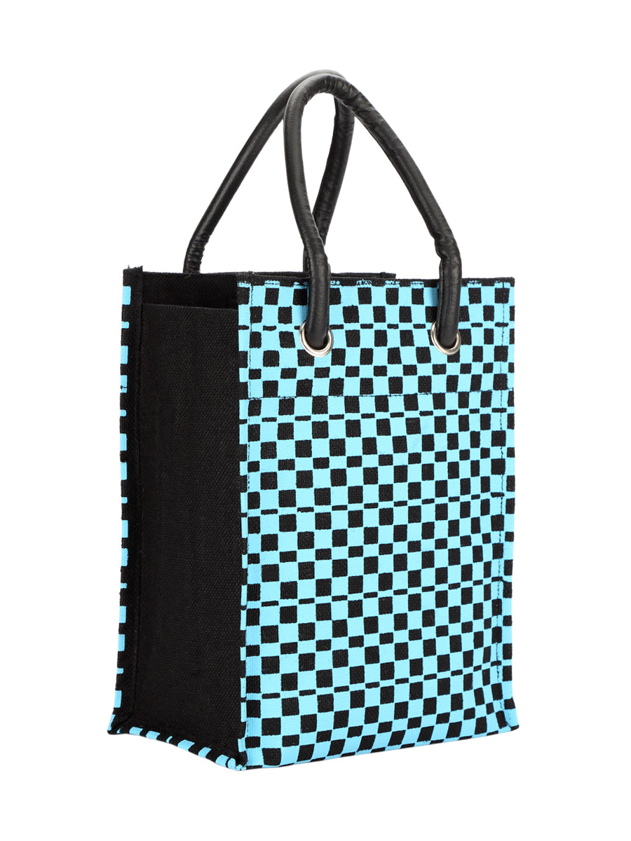 JUTE COTTAGE CHECK PRINT BIG EYELET LUNCH BAG WITH BOTTOM BOARD, SUSTAINABLE, ECO-FRIENDLY, 100% GENUINE JUTE, STYLISH (BLACK/WHITE 13X10X8)