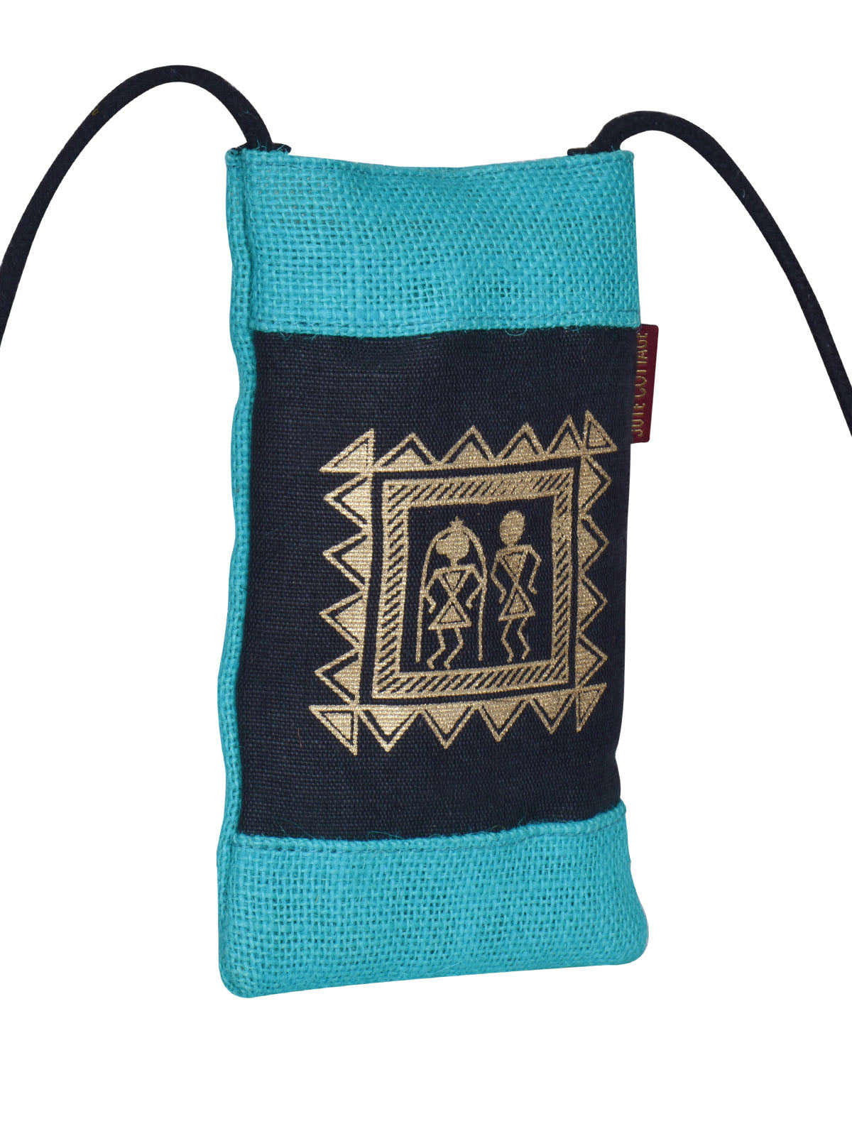 JUTE COTTAGE MOBILE SLING BAG WARLI PRINT, SUSTAINABLE, ECO-FRIENDLY, STYLISH, 100% GENUINE JUTE (TURQUOISE BLUE 7.5X4.5)
