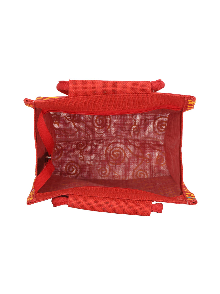JUTE COTTAGE ALL OVER NEW PRINT 2 COLOUR ZIPPER LUNCH BAG, SUSTAINABLE, ECO-FRIENDLY, 100% GENUINE, STYLISH JUTE BAG (RED 10X10X6)