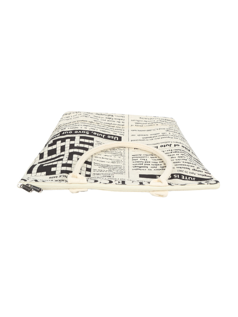 JUTE COTTAGE GLOABAL PRINT ZIPPER BAG, SUSTAINABLE, ECO-FRIENDLY, 100% GENUINE, STYLISH (WHITE 14X18X7)