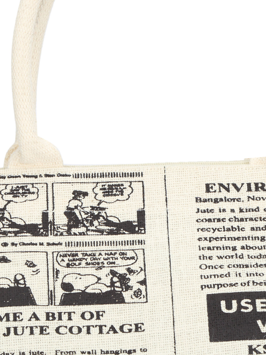 JUTE COTTAGE GLOABAL PRINT ZIPPER BAG, SUSTAINABLE, ECO-FRIENDLY, 100% GENUINE, STYLISH (WHITE 14X18X7)