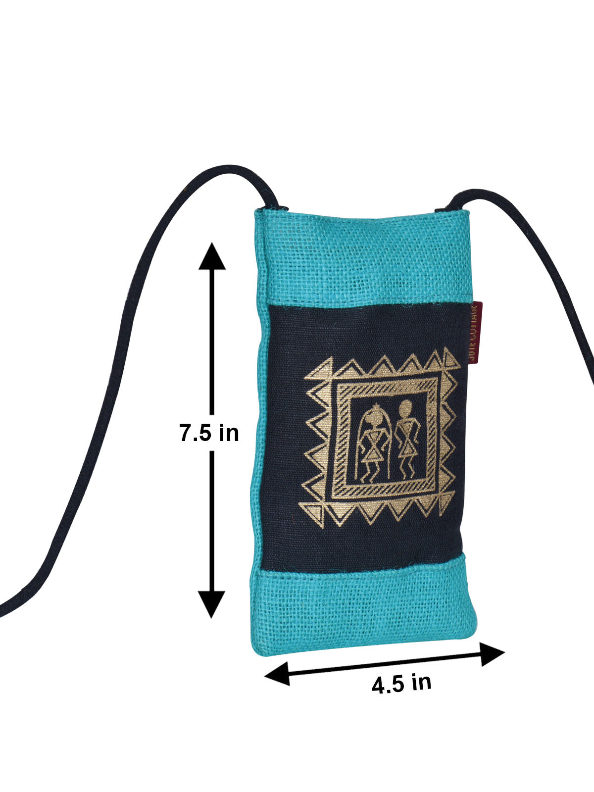 JUTE COTTAGE MOBILE SLING BAG WARLI PRINT, SUSTAINABLE, ECO-FRIENDLY, STYLISH, 100% GENUINE JUTE (TURQUOISE BLUE 7.5X4.5)