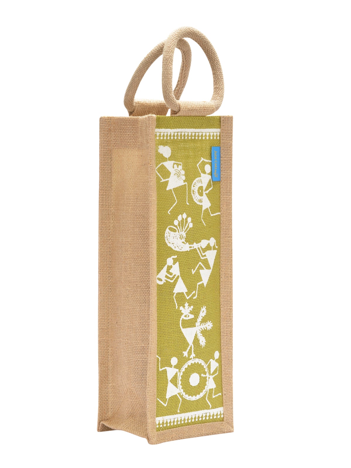 JUTE COTTAGE BOTTLE BAG WARLI PRINT, SUSTAINABLE, ECO-FRIENDLY, 100% GENUINE JUTE, STYLISH (WHITE/BROWN 14X5X4.5)