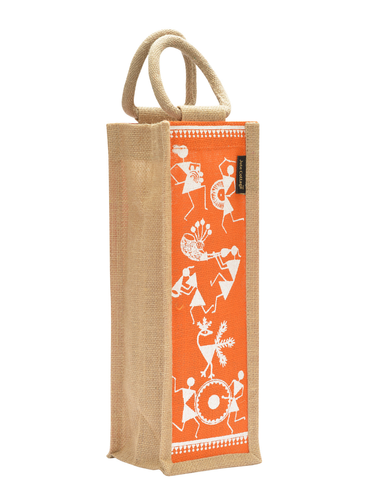 JUTE COTTAGE BOTTLE BAG WARLI PRINT, SUSTAINABLE, ECO-FRIENDLY, 100% GENUINE JUTE, STYLISH (WHITE/BROWN 14X5X4.5)