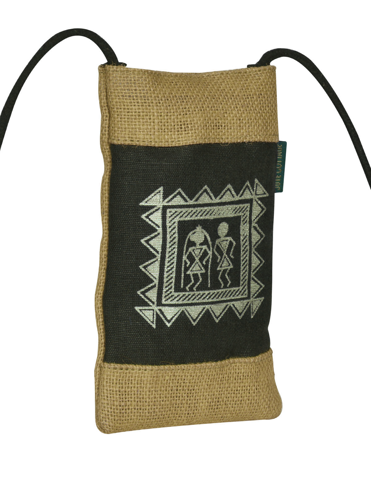 JUTE COTTAGE MOBILE SLING BAG WARLI PRINT, SUSTAINABLE, ECO-FRIENDLY, STYLISH, 100% GENUINE JUTE (GREEN 7.5X4.5)