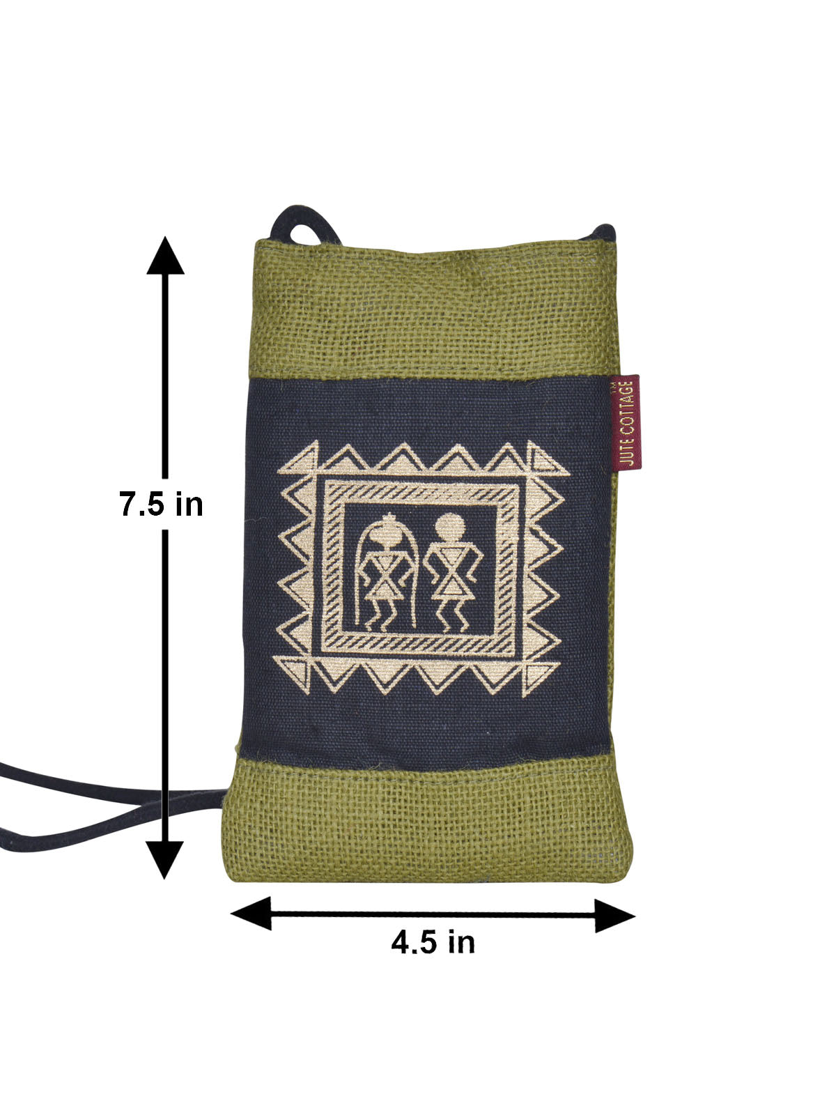 JUTE COTTAGE MOBILE SLING BAG WARLI PRINT, SUSTAINABLE, ECO-FRIENDLY, STYLISH, 100% GENUINE JUTE (GREEN 7.5X4.5)