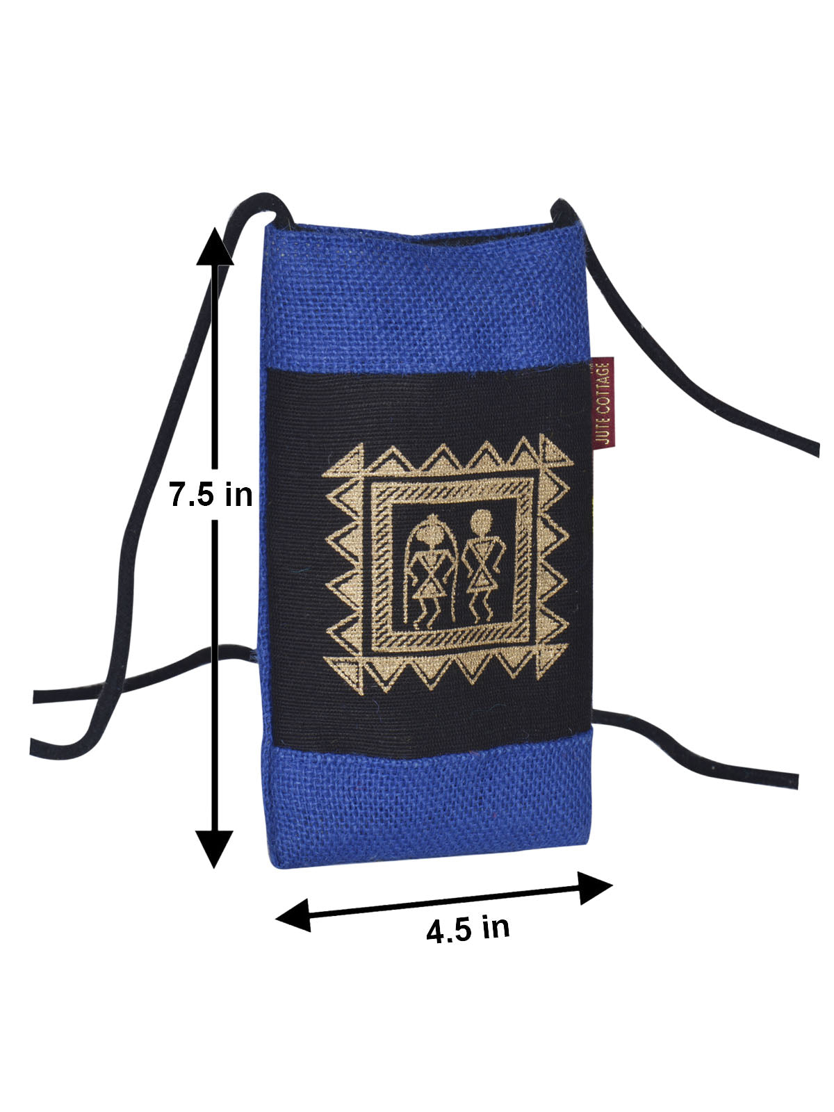 JUTE COTTAGE MOBILE SLING BAG WARLI PRINT, SUSTAINABLE, ECO-FRIENDLY, STYLISH, 100% GENUINE JUTE (NAVY BLUE 7.5X4.5)