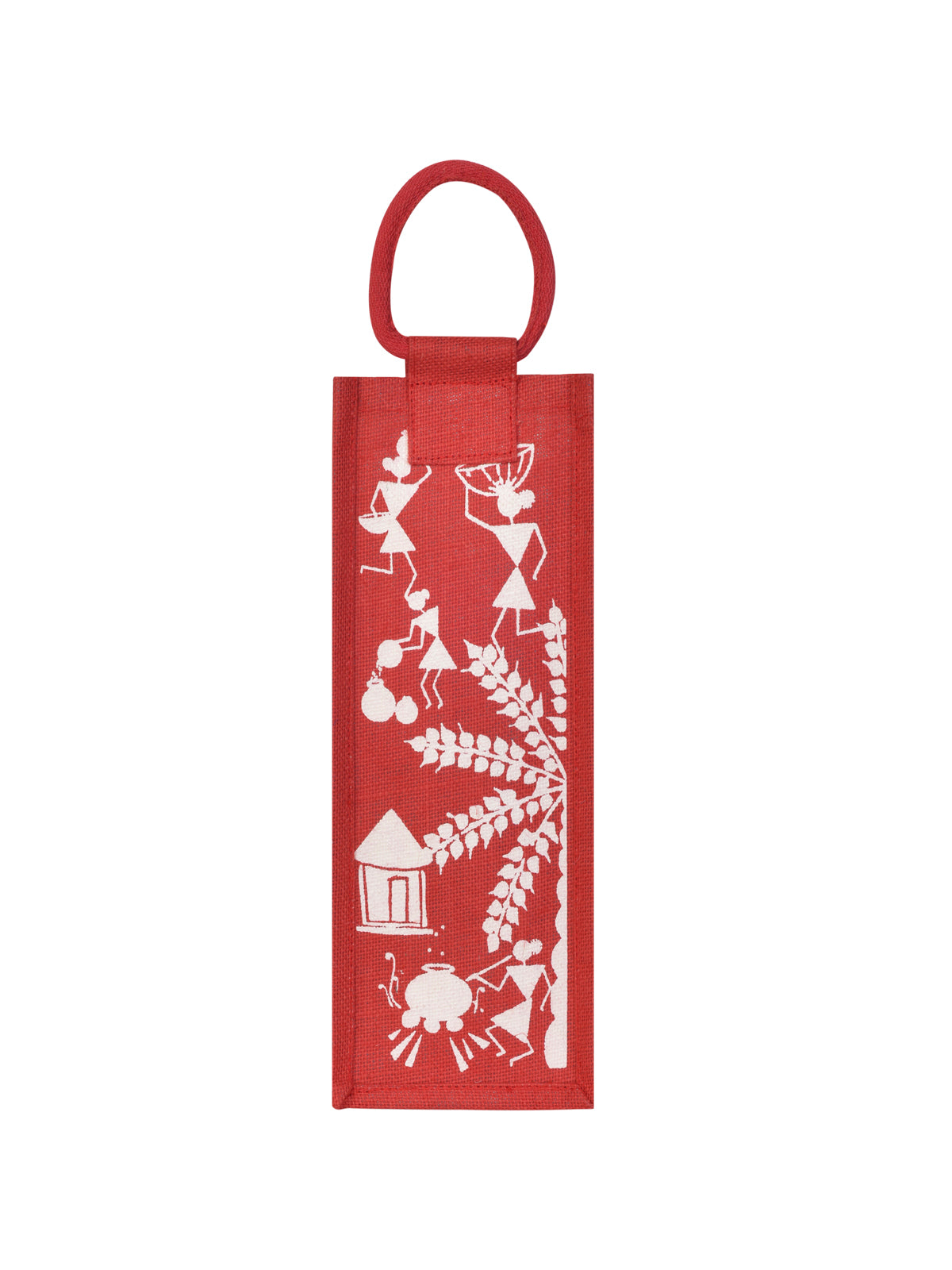 JUTE COTTAGE BOTTLE BAG WARLI PRINT, SUSTAINABLE, ECO-FRIENDLY, 100% GENUINE, STYLISH JUTE BAG (RED 14X5X4.5)