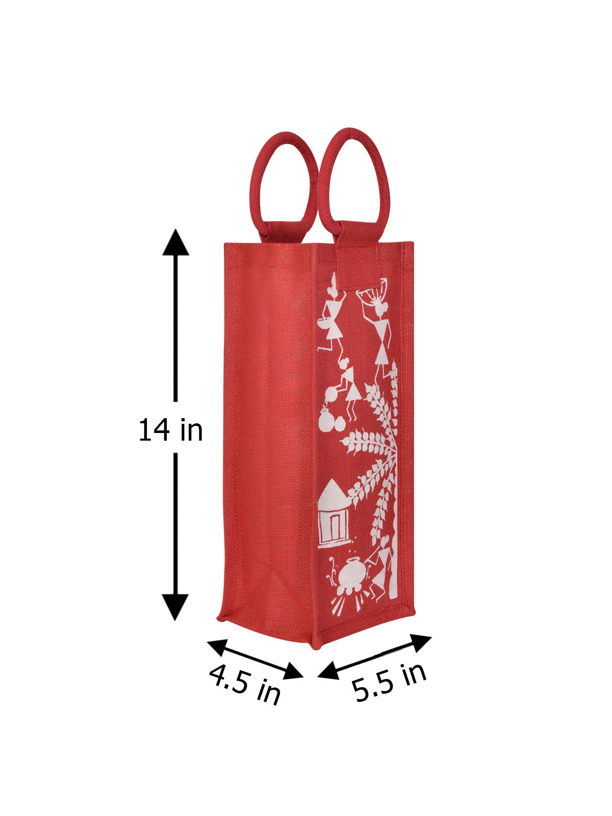 JUTE COTTAGE BOTTLE BAG WARLI PRINT, SUSTAINABLE, ECO-FRIENDLY, 100% GENUINE, STYLISH JUTE BAG (RED 14X5X4.5)