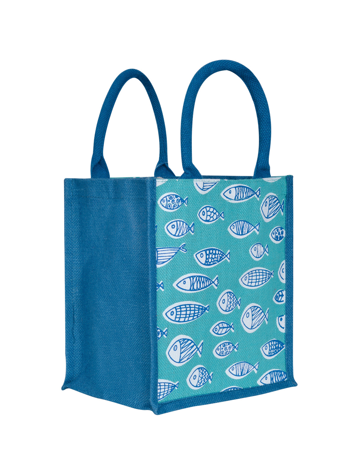 JUTE COTTAGE FISH PRINT ZIPPER LUNCH BAG, SUSTAINABLE, ECO-FRIENDLY, 100% GENUINE JUTE, STYLISH (TURQUOISE BLUE 11X10X7)