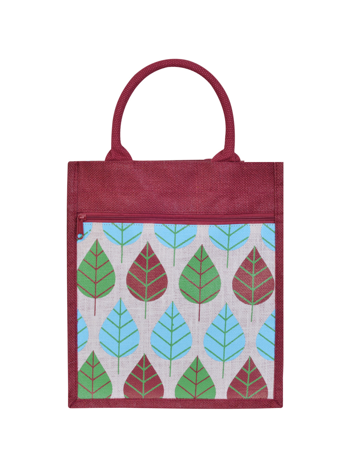 13 X 11 X 7 - FRONT POCKET LEAF PRINT LUNCH BAG (B-166-MAROON/WHITE)