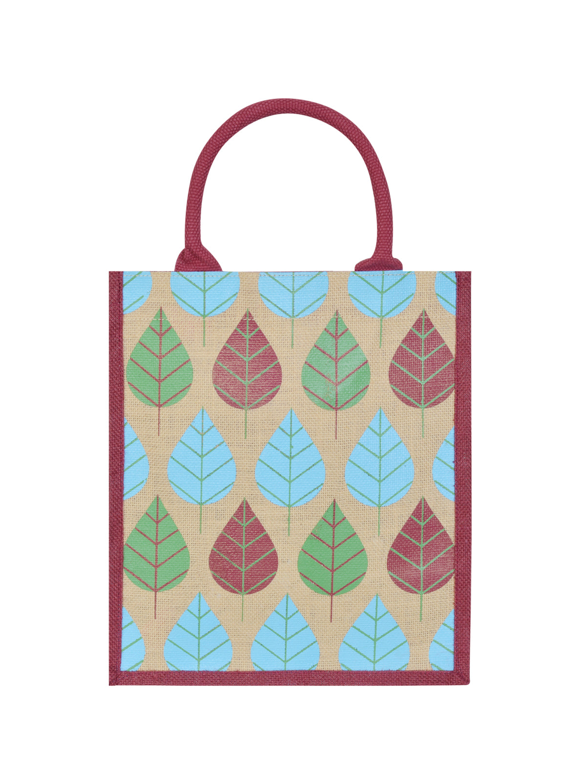 13 X 11 X 7 - FRONT POCKET LEAF PRINT LUNCH BAG (B-166-MAROON/NATURAL)