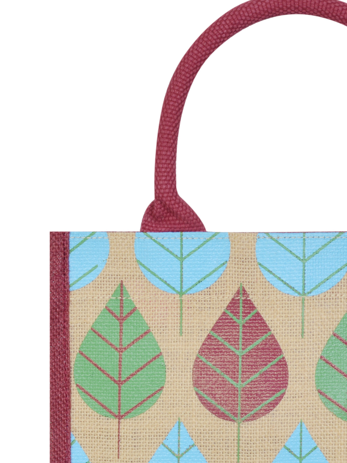 13 X 11 X 7 - FRONT POCKET LEAF PRINT LUNCH BAG (B-166-MAROON/NATURAL)