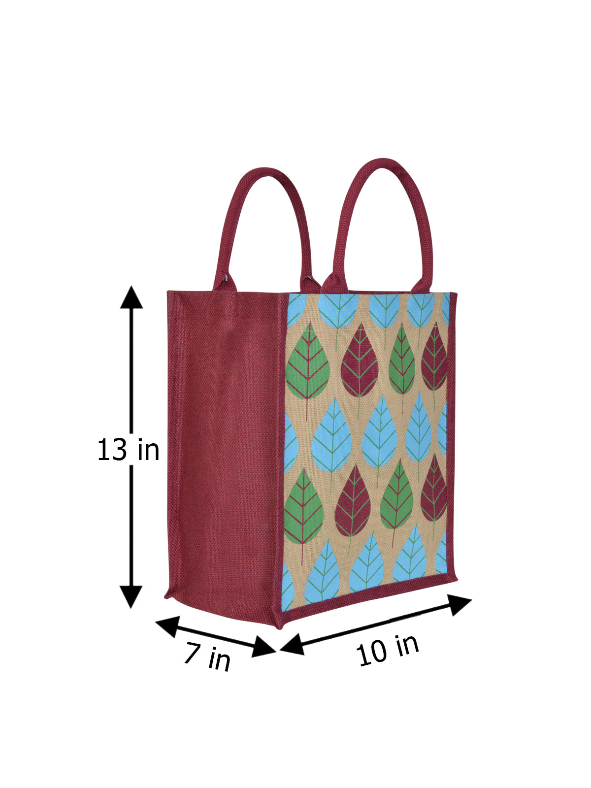 13 X 11 X 7 - FRONT POCKET LEAF PRINT LUNCH BAG (B-166-MAROON/NATURAL)
