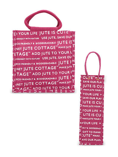 Combo of 10 X 10 JUTE COTTAGE PRINT LUNCH BAG (B-053-MAGENTA) and BOTTLE BAG JUTE COTTAGE PRINTED (B-062-MAGENTA)