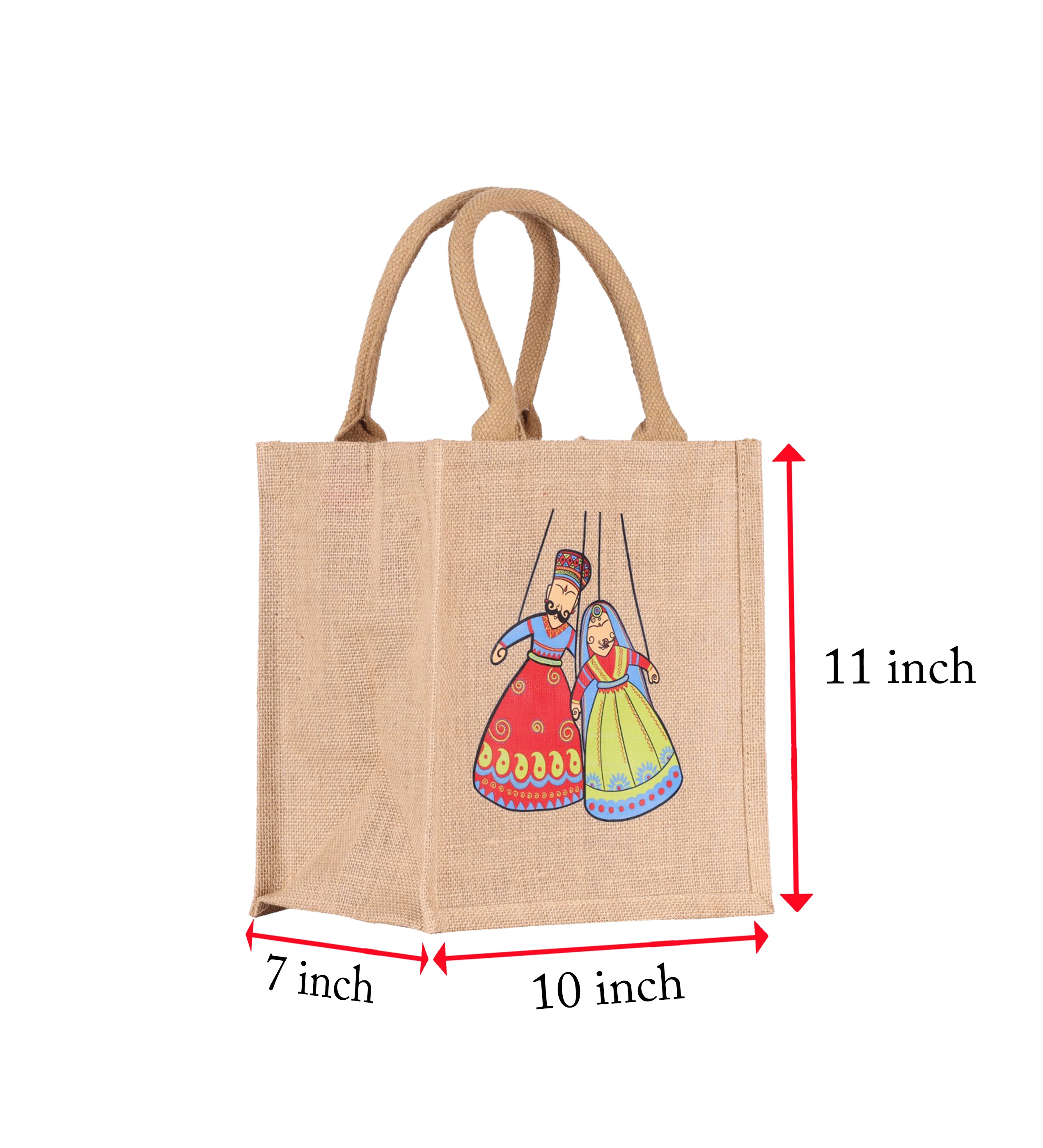 JUTE COTTAGE PUPPET PRINT ZIPPER LUNCH BAG, SUSTAINABLE, ECO-FRIENDLY, 100% GENUINE, STYLISH (NATURAL 11X10X7)