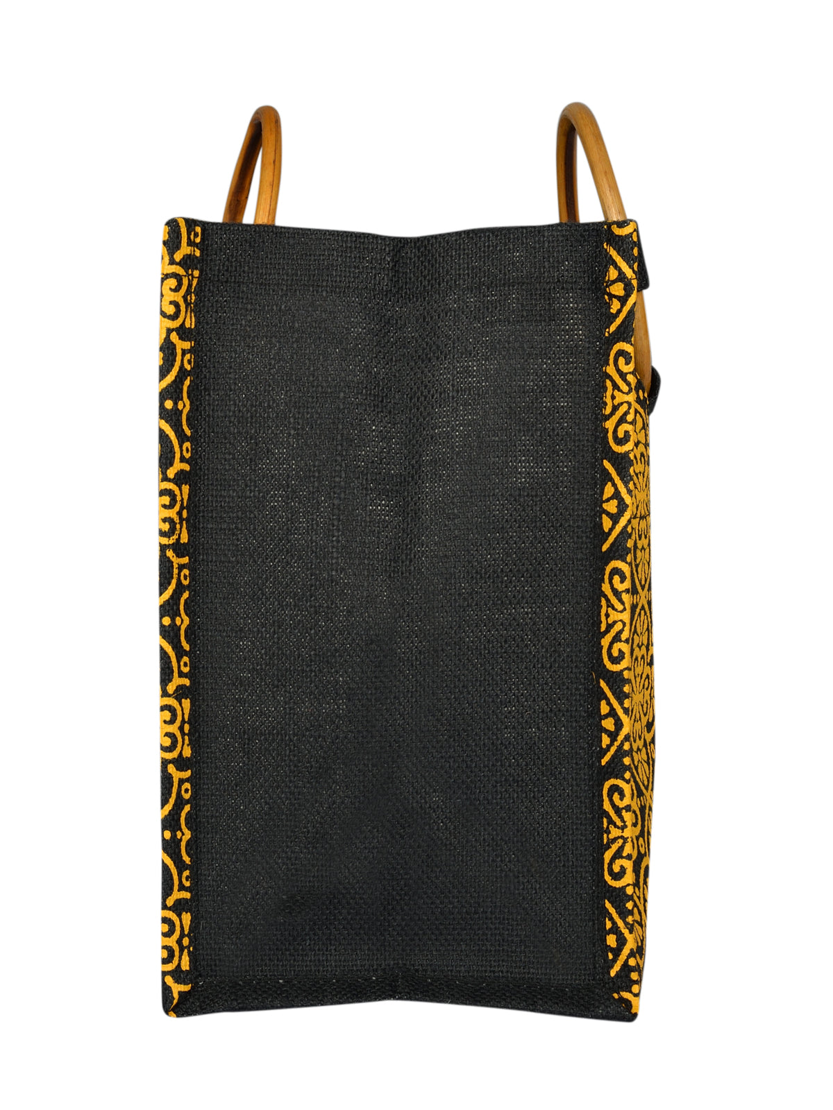 JUTE COTTAGE MUGHAL PRINT LUNCH BAG, CANE HANDLE, SUSTAINABLE, ECO-FRIENDLY, 100% GENUINE, STYLISH JUTE BAG (BLACK 11X14X8)