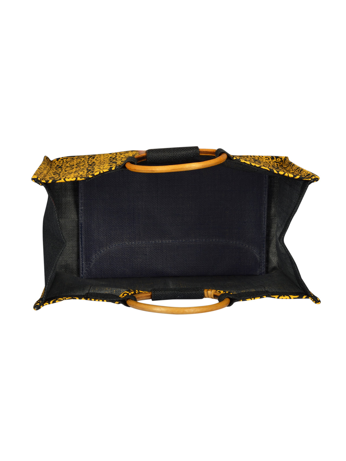 JUTE COTTAGE MUGHAL PRINT LUNCH BAG, CANE HANDLE, SUSTAINABLE, ECO-FRIENDLY, 100% GENUINE, STYLISH JUTE BAG (BLACK 11X14X8)