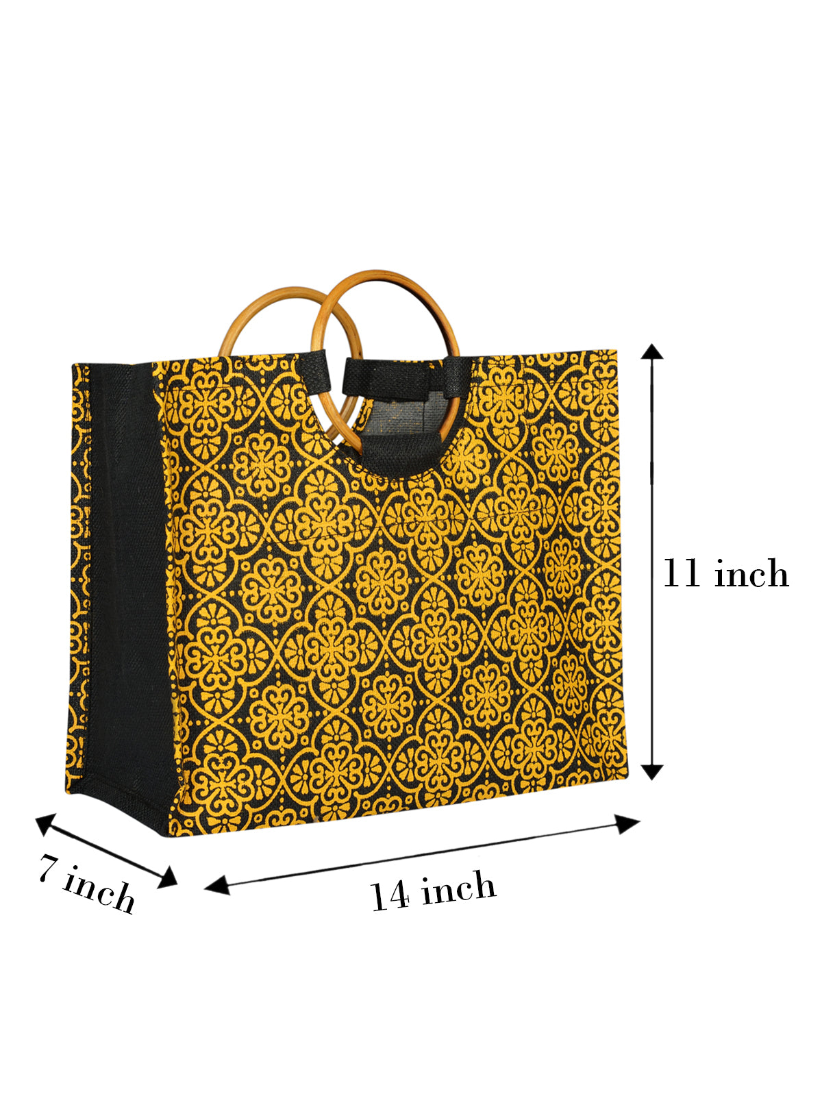 JUTE COTTAGE MUGHAL PRINT LUNCH BAG, CANE HANDLE, SUSTAINABLE, ECO-FRIENDLY, 100% GENUINE, STYLISH JUTE BAG (BLACK 11X14X8)
