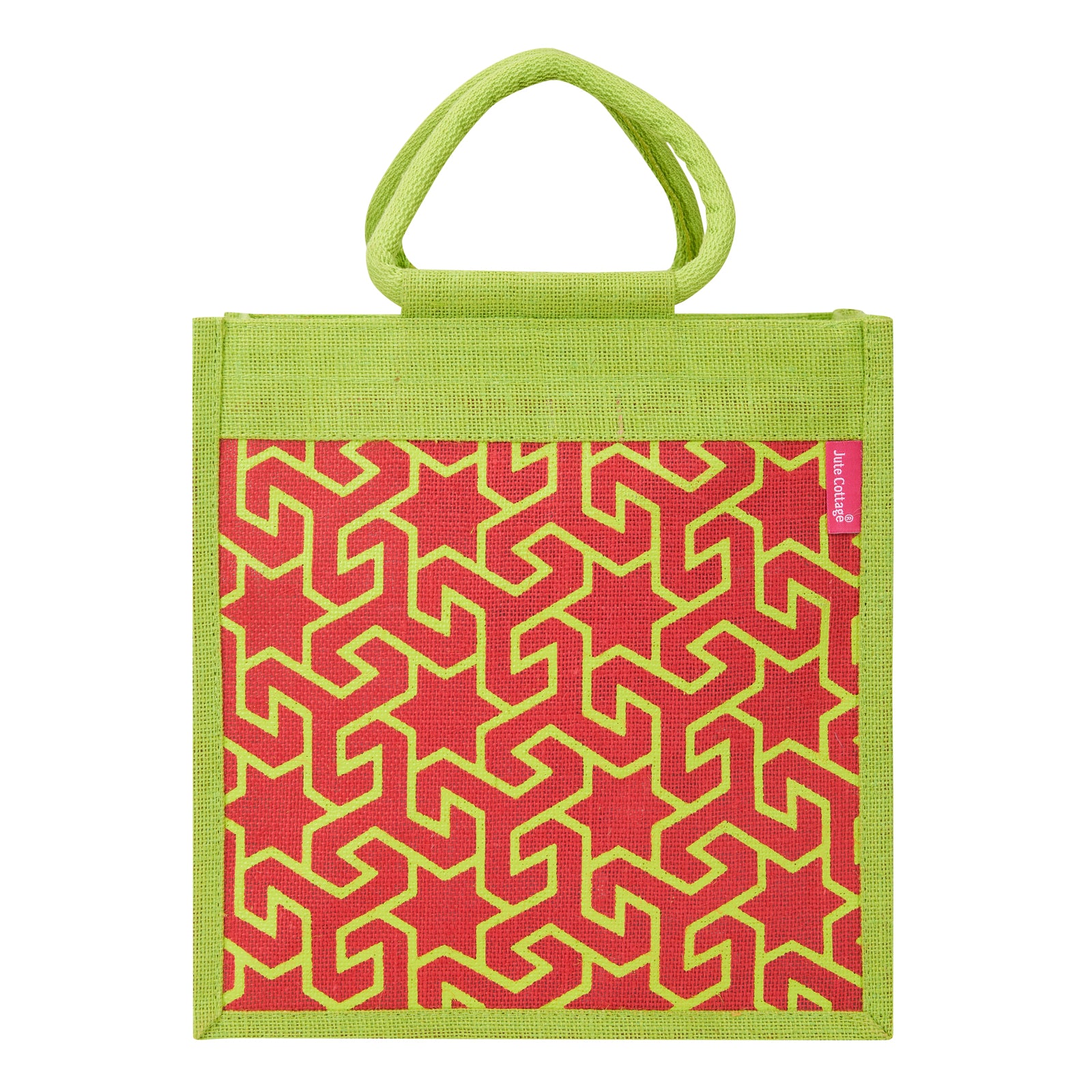 JUTE COTTAGE GEOMETRIC MOTIF PRINT LUNCH ZIPPER, SUSTAINABLE, ECO-FRIENDLY, 100% GENUINE JUTE, STYLISH (GREEN/RED 12X12X7)