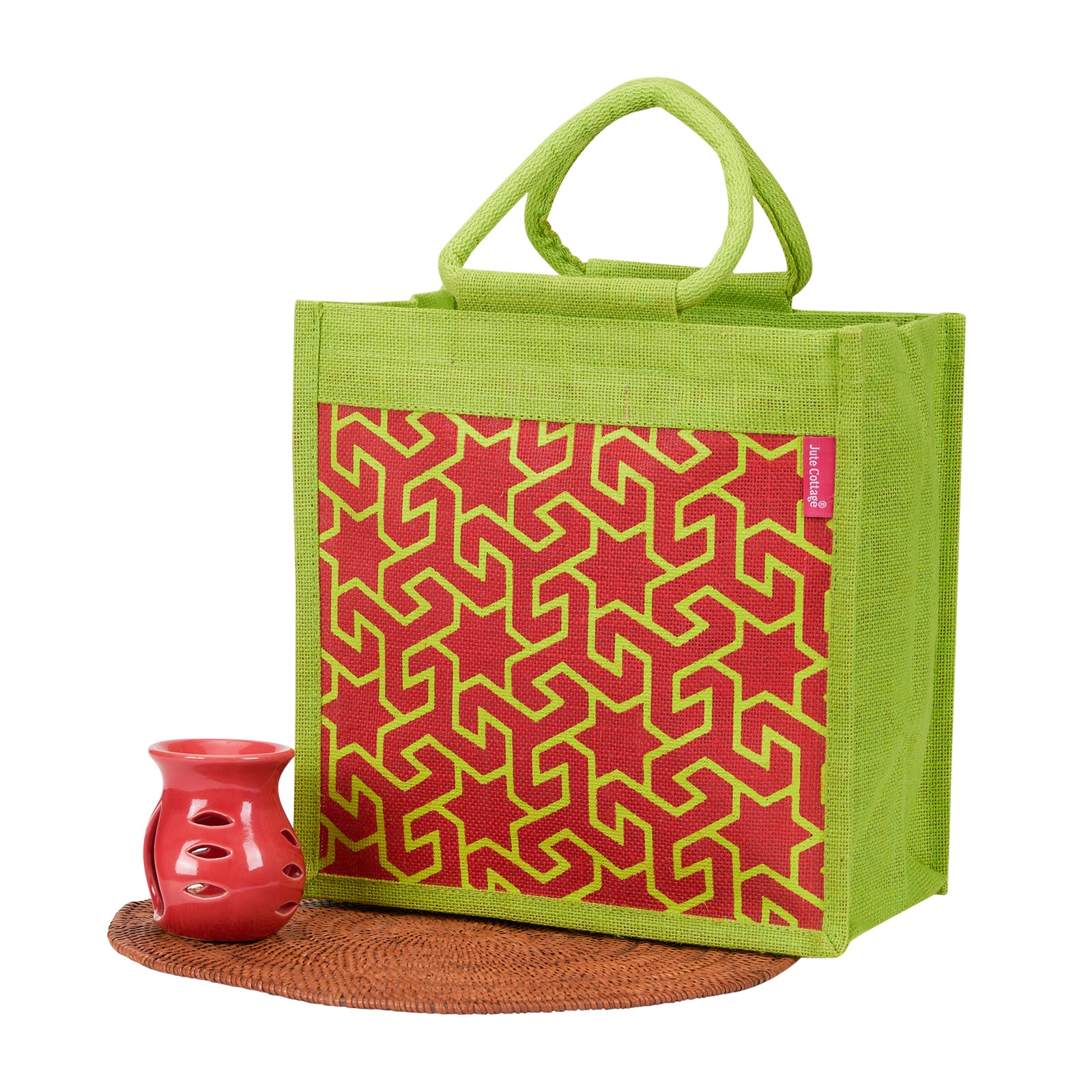 JUTE COTTAGE GEOMETRIC MOTIF PRINT LUNCH ZIPPER, SUSTAINABLE, ECO-FRIENDLY, 100% GENUINE JUTE, STYLISH (GREEN/RED 12X12X7)
