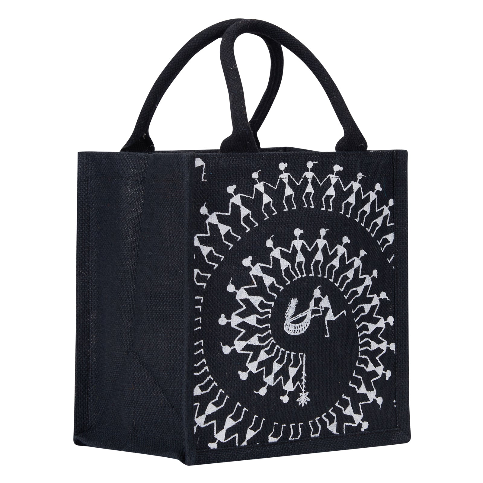JUTE COTTAGE WARLI PRINT LUNCH ZIPPER, SUSTAINABLE, ECO-FRIENDLY, 100% GENUINE JUTE, STYLISH (BLACK/NATURAL 11X10X7)