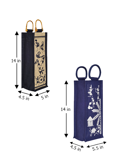 Combo of BOTTLE BAG WARLI PRINT 2 (B-162-BLUE) and BOTTLE BAG WARLI PRINT 2 (B-163-NATURAL/BLACK)