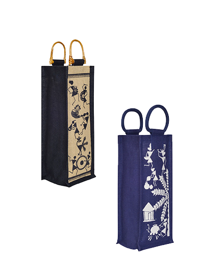 Combo of BOTTLE BAG WARLI PRINT 2 (B-162-BLUE) and BOTTLE BAG WARLI PRINT 2 (B-163-NATURAL/BLACK)