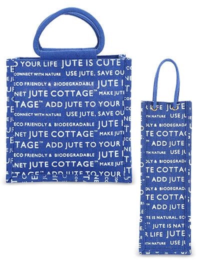 Combo of 10 X 10 JUTE COTTAGE PRINT LUNCH BAG (B-053-BRIGHT BLUE) and BOTTLE BAG JUTE COTTAGE PRINTED (B-062-BRIGHT BLUE)