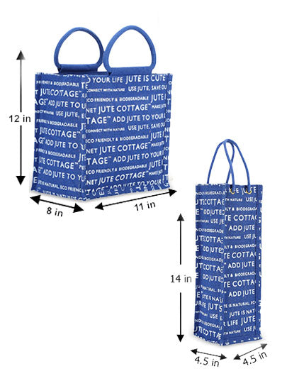 Combo of 10 X 10 JUTE COTTAGE PRINT LUNCH BAG (B-053-BRIGHT BLUE) and BOTTLE BAG JUTE COTTAGE PRINTED (B-062-BRIGHT BLUE)