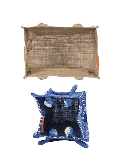Combo of 10 X 10 JUTE COTTAGE PRINT LUNCH BAG (B-053-BRIGHT BLUE) and BOTTLE BAG JUTE COTTAGE PRINTED (B-062-BRIGHT BLUE)