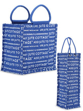 Load image into Gallery viewer, Combo of 10 X 10 JUTE COTTAGE PRINT LUNCH BAG (B-053-BRIGHT BLUE) and BOTTLE BAG JUTE COTTAGE PRINTED (B-062-BRIGHT BLUE)
