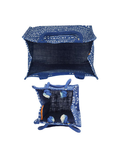Combo of 13 X 11 JUTE COTTAGE PRINTED ZIPPER (B-038-BRIGHT BLUE) and BOTTLE BAG JUTE COTTAGE PRINTED (B-062-BRIGHT BLUE)