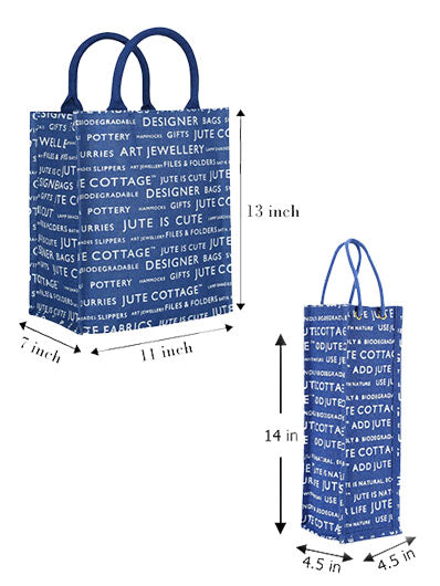 Combo of 13 X 11 JUTE COTTAGE PRINTED ZIPPER (B-038-BRIGHT BLUE) and BOTTLE BAG JUTE COTTAGE PRINTED (B-062-BRIGHT BLUE)