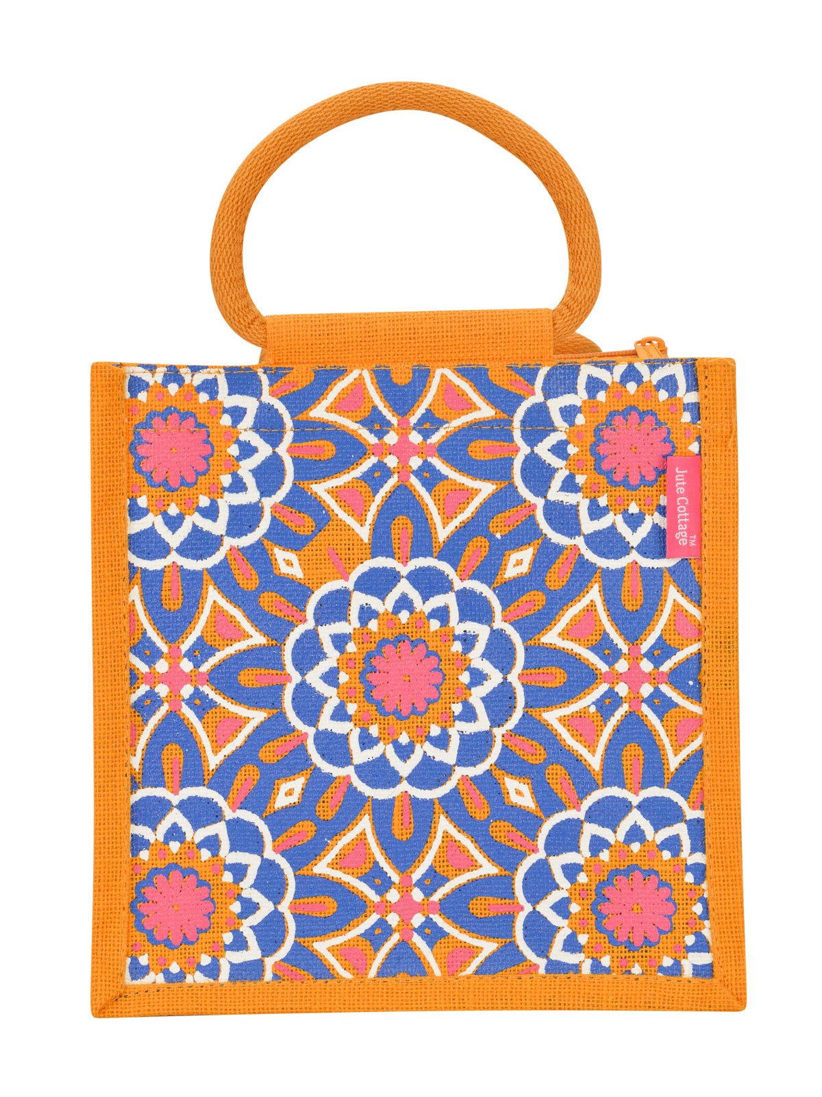 JUTE COTTAGE MUGHAL PRINT ZIPPER LUNCH BAG, SUSTAINABLE, ECO-FRIENDLY, 100% GENUINE, STYLISH JUTE BAG (YELLOW 10X10X7)