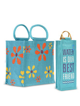 Load image into Gallery viewer, Combo of 10X10 MULTI FLOWER LUNCH (B-106-TURQUOISE BLUE) and BOTTLE BAG WATER BEST FREIND (B-214-TURQUOISE BLUE)
