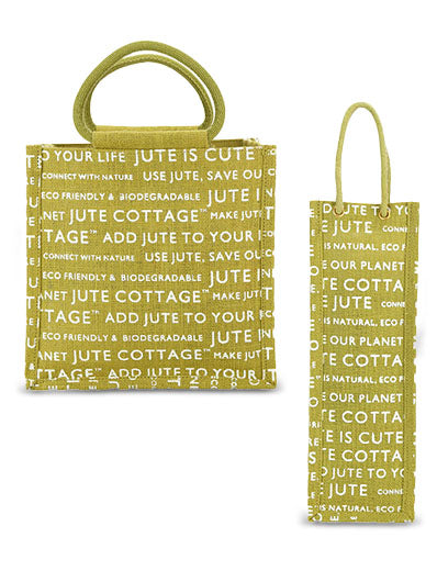 Combo of 10 X 10 JUTE COTTAGE PRINT LUNCH BAG (B-053-GREEN) and BOTTLE BAG JUTE COTTAGE PRINTED (B-062-OLIVE GREEN)