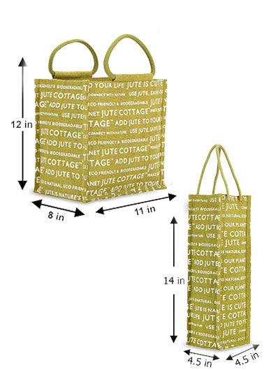 Combo of 10 X 10 JUTE COTTAGE PRINT LUNCH BAG (B-053-GREEN) and BOTTLE BAG JUTE COTTAGE PRINTED (B-062-OLIVE GREEN)