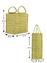 Load image into Gallery viewer, Combo of 10 X 10 JUTE COTTAGE PRINT LUNCH BAG (B-053-GREEN) and BOTTLE BAG JUTE COTTAGE PRINTED (B-062-OLIVE GREEN)
