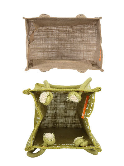 Combo of 10 X 10 JUTE COTTAGE PRINT LUNCH BAG (B-053-GREEN) and BOTTLE BAG JUTE COTTAGE PRINTED (B-062-OLIVE GREEN)