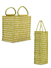 Load image into Gallery viewer, Combo of 10 X 10 JUTE COTTAGE PRINT LUNCH BAG (B-053-GREEN) and BOTTLE BAG JUTE COTTAGE PRINTED (B-062-OLIVE GREEN)
