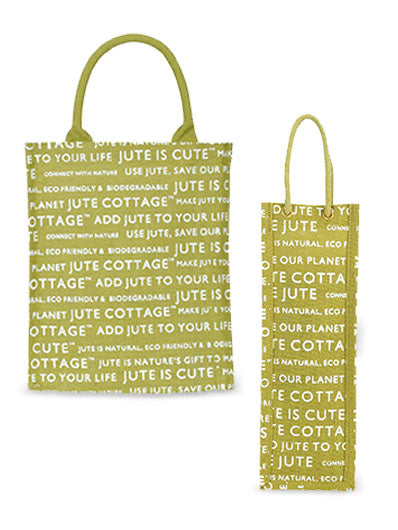 Combo of 13 X 11 JUTE COTTAGE PRINTED ZIPPER (B-038-OLIVE GREEN) and BOTTLE BAG JUTE COTTAGE PRINTED (B-062-OLIVE GREEN)